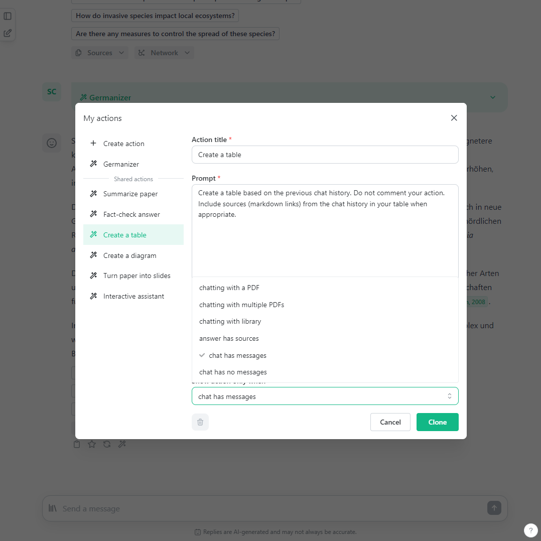 A screenshot of the AI Actions manager showing a selection of conditions that can be used to make AI Actions more context-aware.