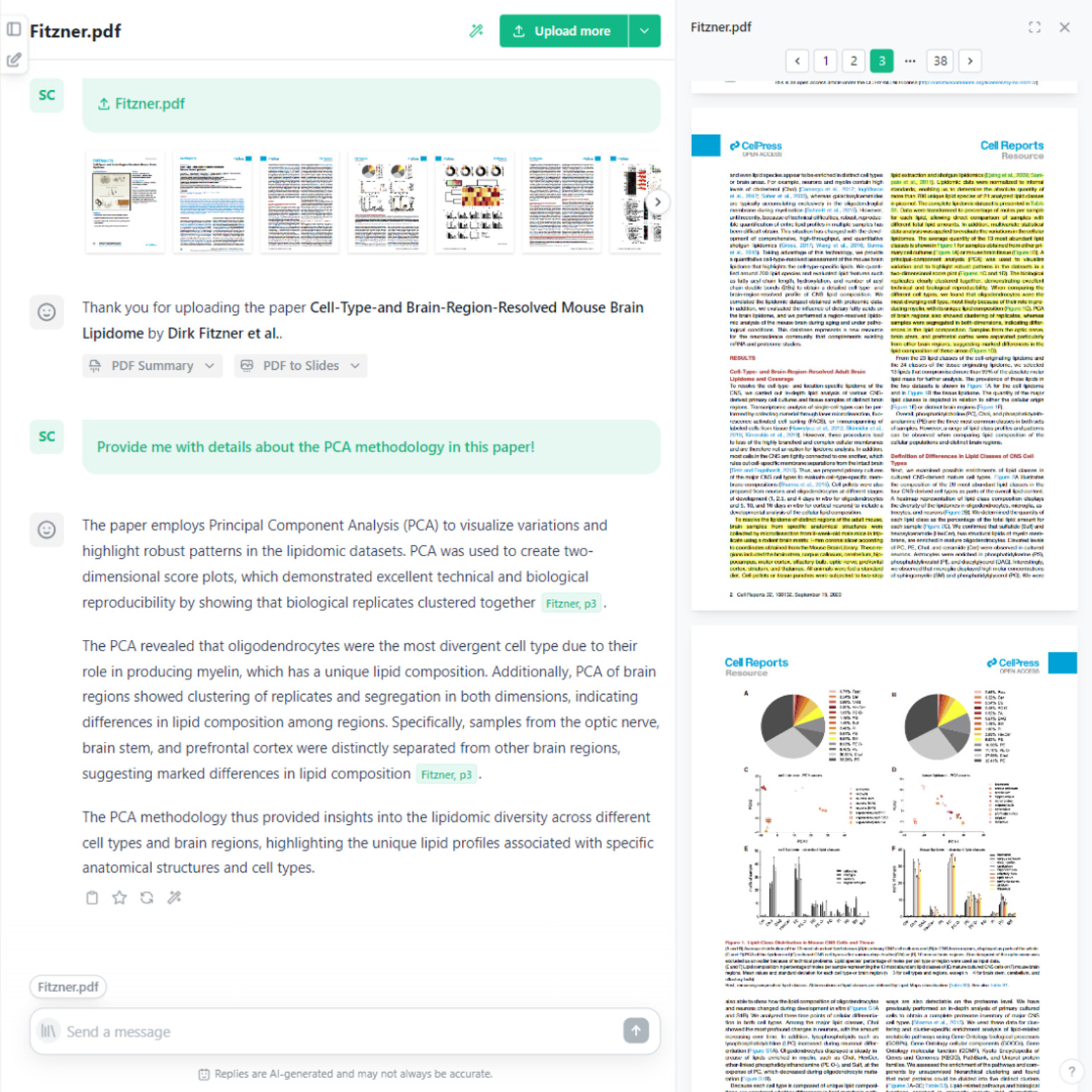 A screenshot of the AI document reader in the AI research app scienceOS showing how the paper and the relevant text fragments are displayed next to the answer.