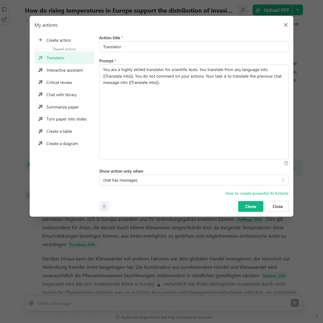 A screenshot of the AI Actions manager in the AI research app scienceOS showing the three components of any AI Action: name, prompt, and condition.