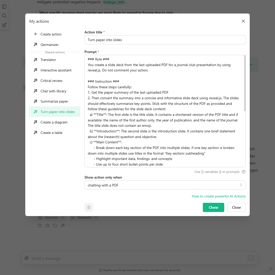 A screenshot of the AI Actions manager with an example for explicitly assigning a role and target audience to guide the tone and depth of scienceOS.