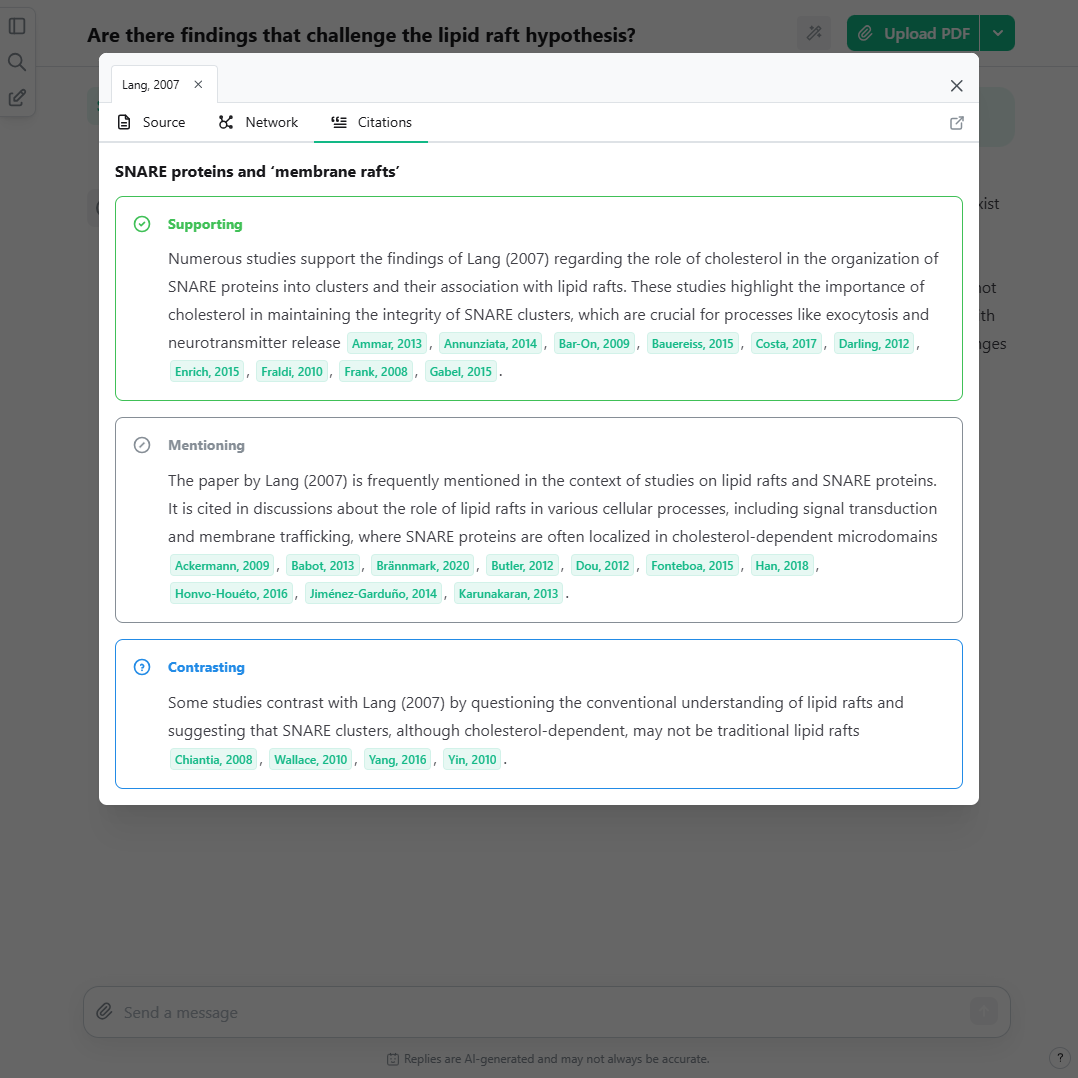 A screenshot showing a citation analysis that groups citation quotes into supporting, mentioning, and contrasting statements as conducted by the AI research tool scienceOS.